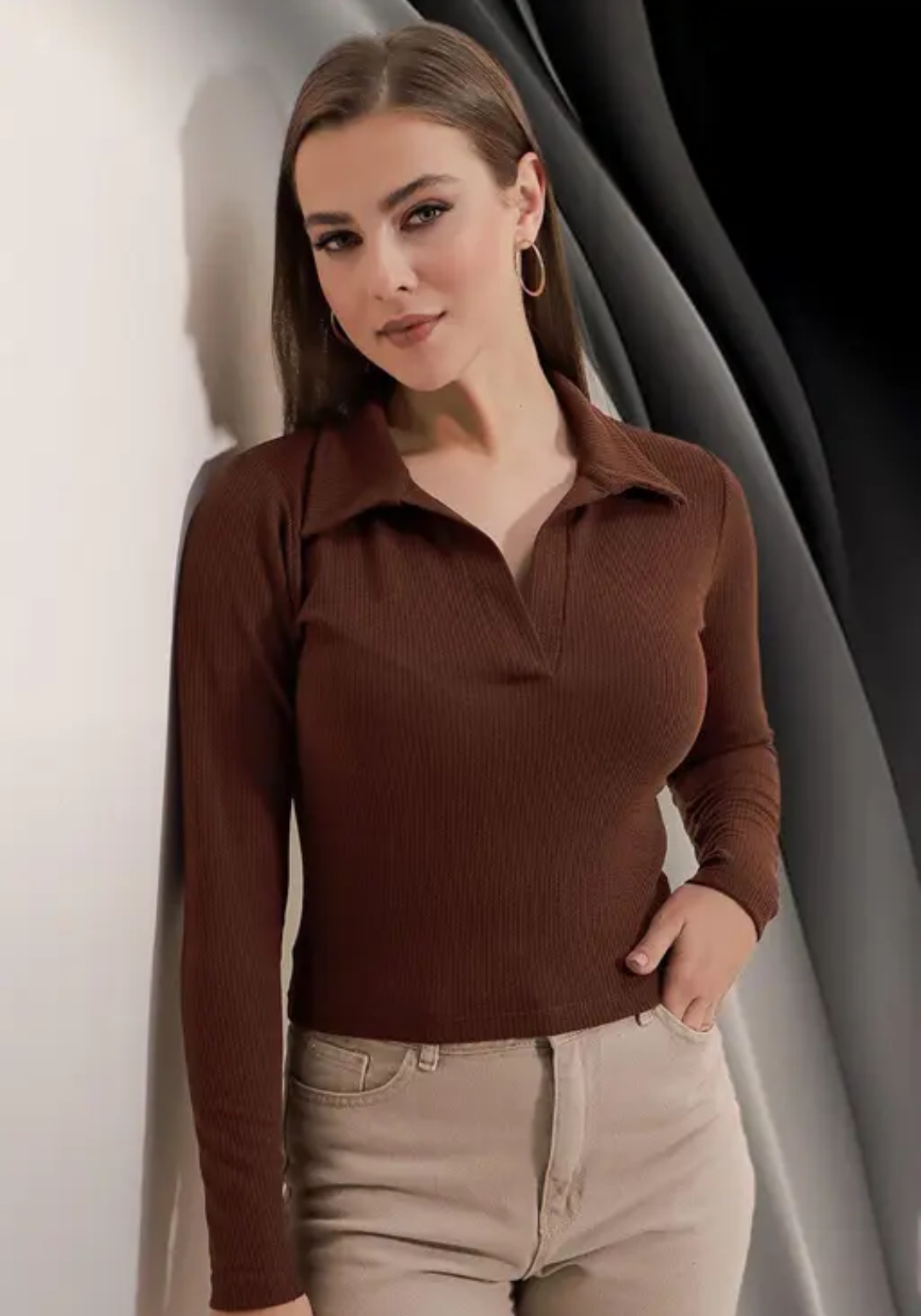 Casual Polyester Blend Ribbed Collar V-Neck & Regular Long Sleeves Stylish Coffee Top (20"Inches)