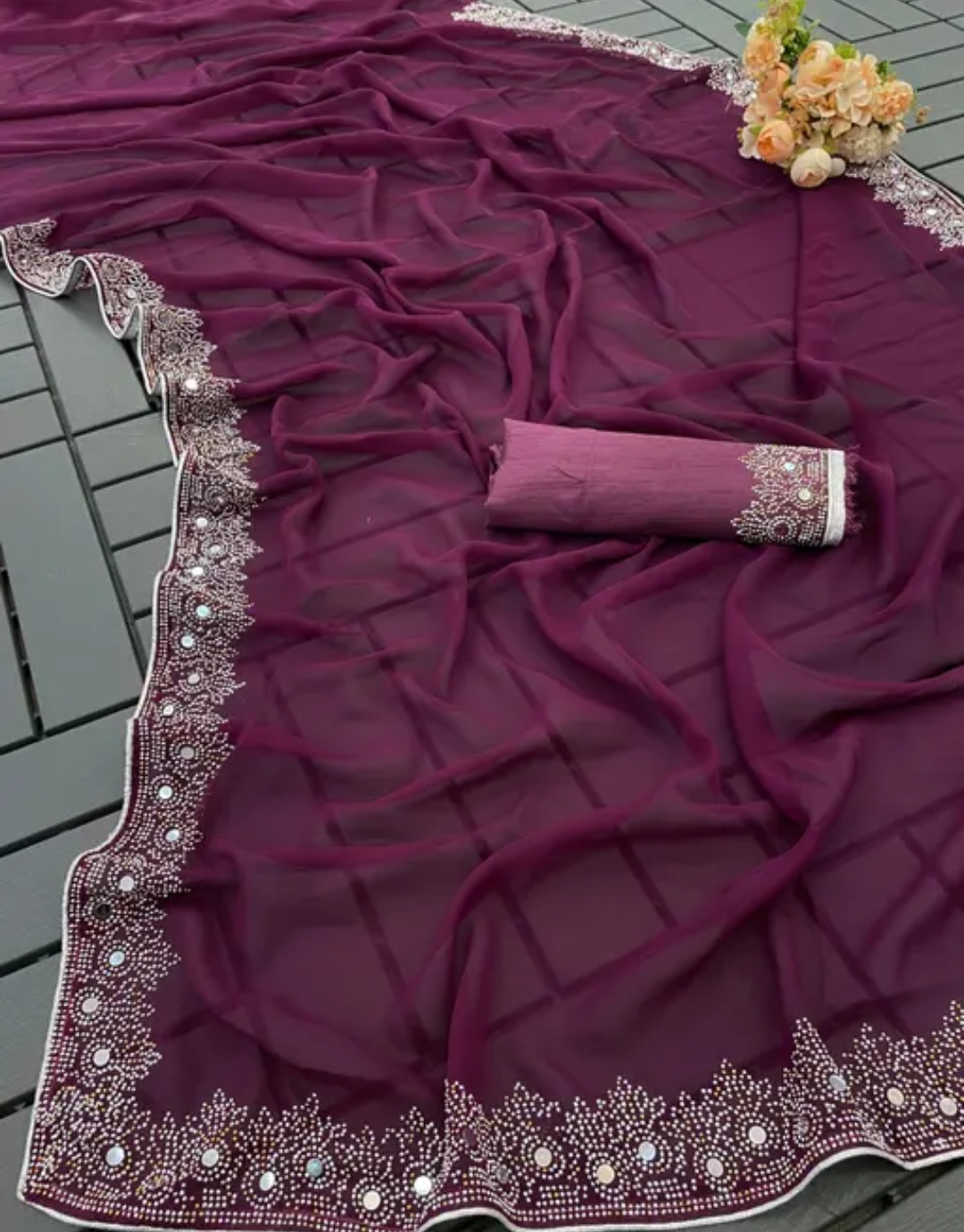 Georgette Handloom Diamond Work Saree with Separate Blouse Piece
