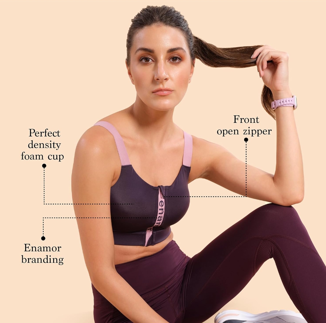 Enamor Innovations Front Open Breathable Cup, Women's High Impact Sports Bra - Bounce Control, Padded, Wirefree, Full Coverage - SB29