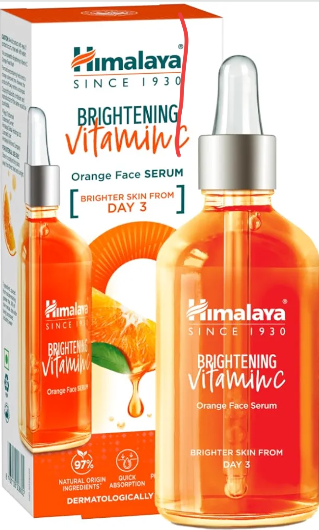 Himalaya Brightening Vitamin C Orange Face Serum, 15 mL | With Vitamin C, Niacinamide & Hyaluronic Acid | Brighter Skin from Day 3 | Dermatologically Tested