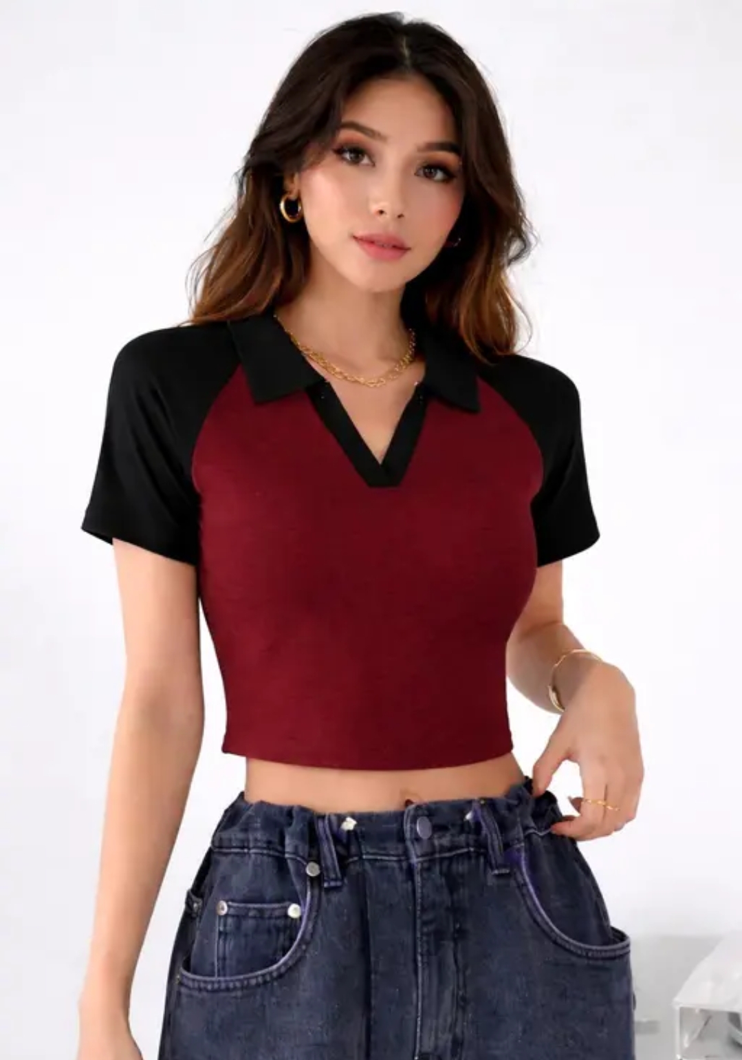 Women Stylish Collared Crop Top | Contrast Raglan Sleeve Casual Slim Fit T-Shirt Top Casual & Party Wear Top