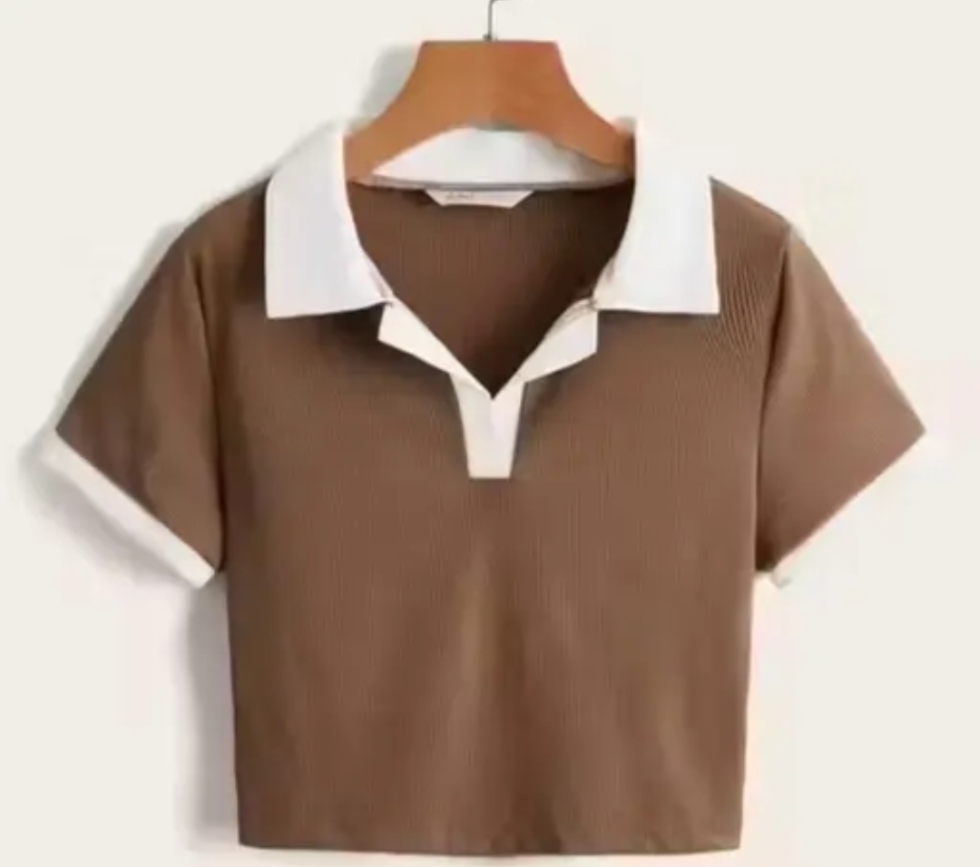 Trendy crop top and Tunics shirt collar Brown