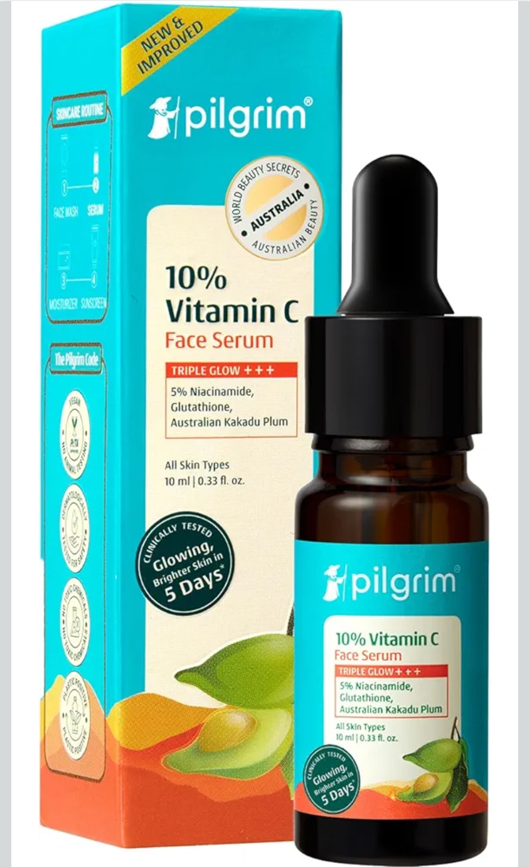 Pilgrim 10% Vitamin C Face Serum 10 ml for Glowing Skin with Niacinamide | Reduces Dark Spots & Evens Skin Tone | For Oily, Combination, Normal Skin Types | Skin Brightening Serum for Men & 