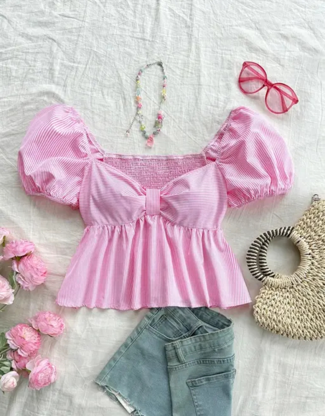 Cotton Stripe Puff Sleeve Shirt With Bow Tie, Peter Pan Crop Top Pink
